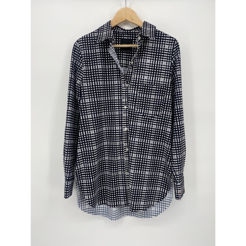 Lysse Button Down Shirt Women Small Black White Good Grid Stretch High-Low Hem